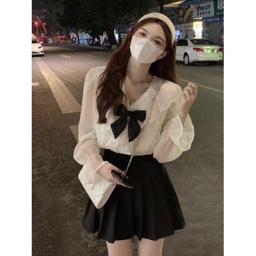 蝴蝶結打底蕾絲雪紡衫女秋冬大碼胖mm設計感顯瘦法式溫柔長袖上衣