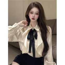 宮廷風襯衫女長袖蝴蝶結領帶繙領荷葉邊法式襯衣小衆別致上衣秋冬
