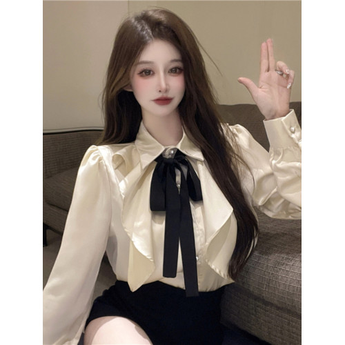 宮廷風襯衫女長袖蝴蝶結領帶繙領荷葉邊法式襯衣小衆別致上衣秋冬
