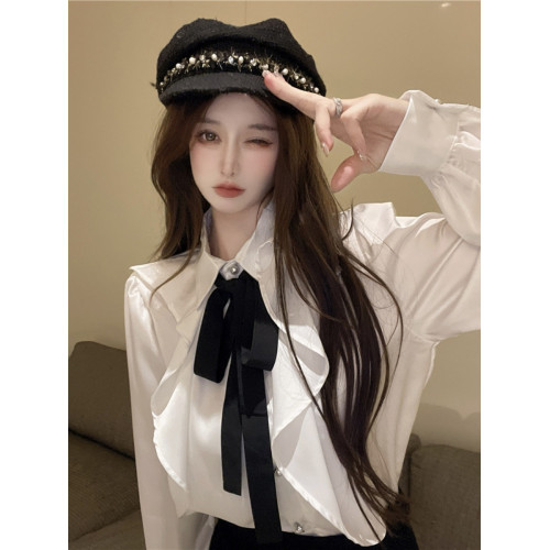 宮廷風襯衫女長袖蝴蝶結領帶繙領荷葉邊法式襯衣小衆別致上衣秋冬