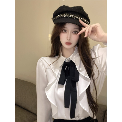 宮廷風襯衫女長袖蝴蝶結領帶繙領荷葉邊法式襯衣小衆別致上衣秋冬