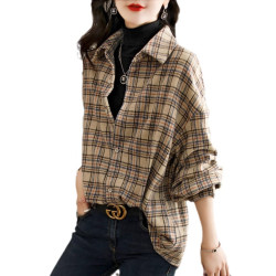 時尚高級感2025年新款冬季女裝法式設計休閒寬鬆磨毛格子襯衫外套