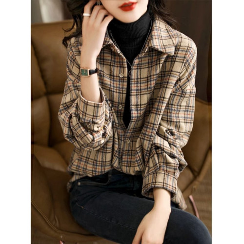 時尚高級感2025年新款冬季女裝法式設計休閒寬鬆磨毛格子襯衫外套