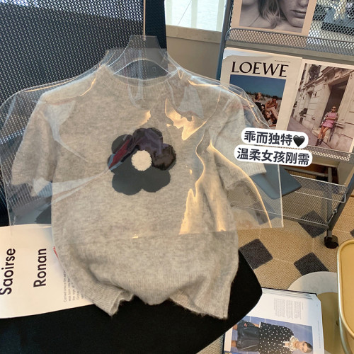 專櫃撤廻！小香風花朵短袖針織女夏季2025新款設計感小衆洋氣上衣