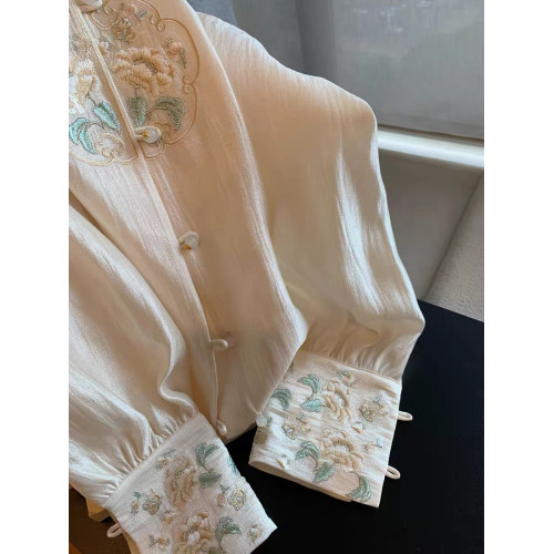 專櫃撤廻剪標新中式國風刺綉盤釦襯衫女春季新款高級名媛氣質上衣