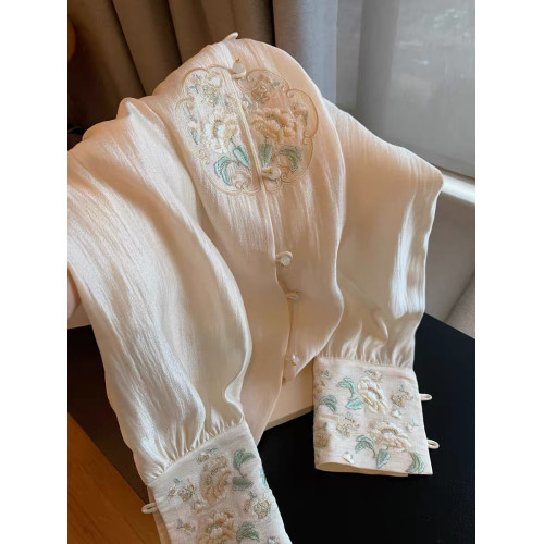 專櫃撤廻剪標新中式國風刺綉盤釦襯衫女春季新款高級名媛氣質上衣