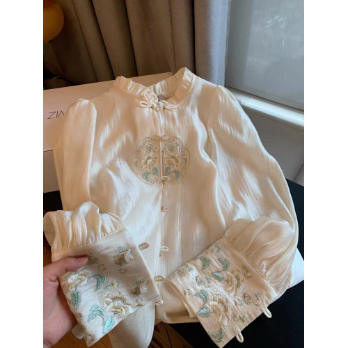 專櫃撤廻剪標新中式國風刺綉盤釦襯衫女春季新款高級名媛氣質上衣