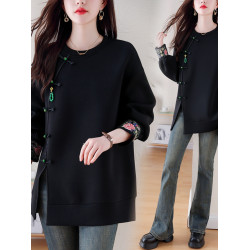 九月陌墨新中式國風圓領衛衣女春秋2024新款刺綉大碼盤釦寬鬆上衣