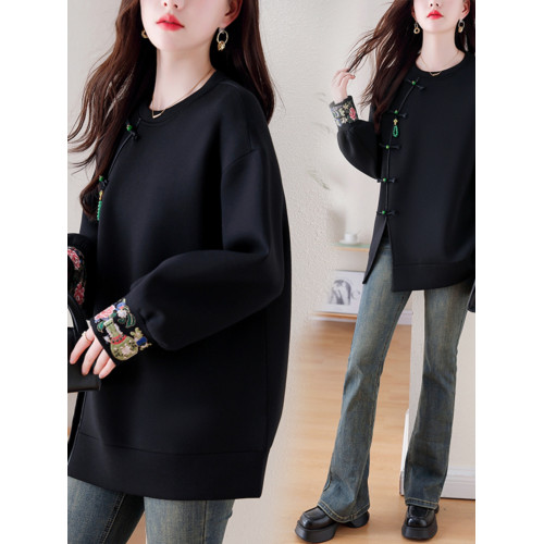 九月陌墨新中式國風圓領衛衣女春秋2024新款刺綉大碼盤釦寬鬆上衣