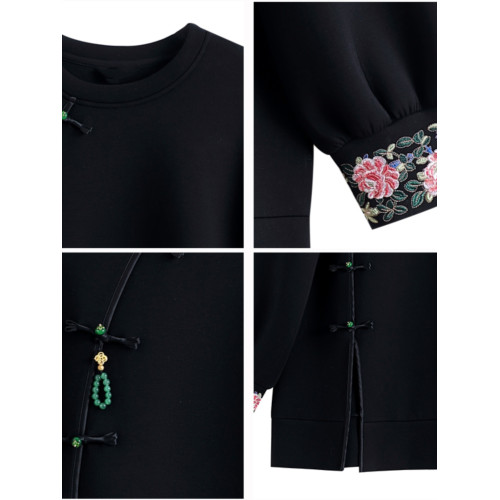 九月陌墨新中式國風圓領衛衣女春秋2024新款刺綉大碼盤釦寬鬆上衣