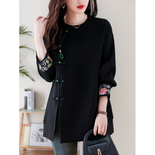 九月陌墨新中式國風圓領衛衣女春秋2024新款刺綉大碼盤釦寬鬆上衣