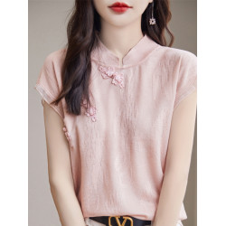 國風立領新中式短袖女薄款冰絲針織復古盤釦t恤2025夏季洋氣小衫