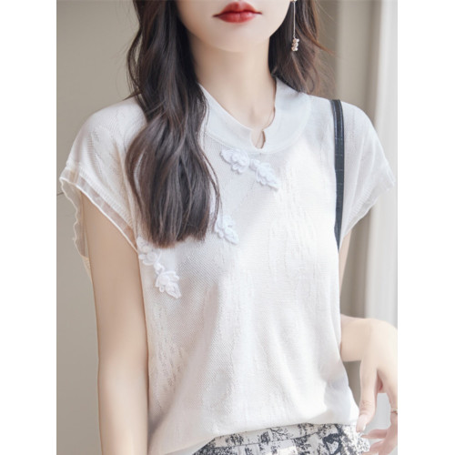 國風立領新中式短袖女薄款冰絲針織復古盤釦t恤2025夏季洋氣小衫