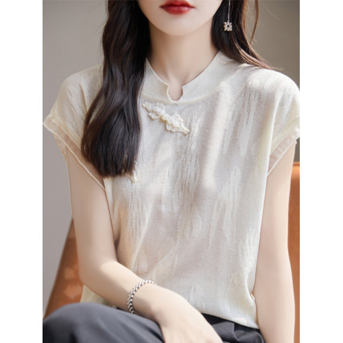 國風立領新中式短袖女薄款冰絲針織復古盤釦t恤2025夏季洋氣小衫