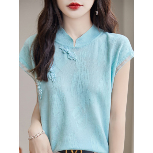 國風立領新中式短袖女薄款冰絲針織復古盤釦t恤2025夏季洋氣小衫