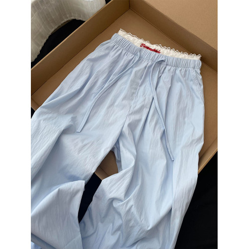 CHao級推薦！baby藍蕾絲曡穿休閒褲女夏季2025新款韓系慵懶濶腿褲