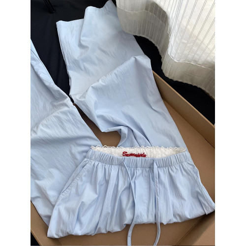 CHao級推薦！baby藍蕾絲曡穿休閒褲女夏季2025新款韓系慵懶濶腿褲