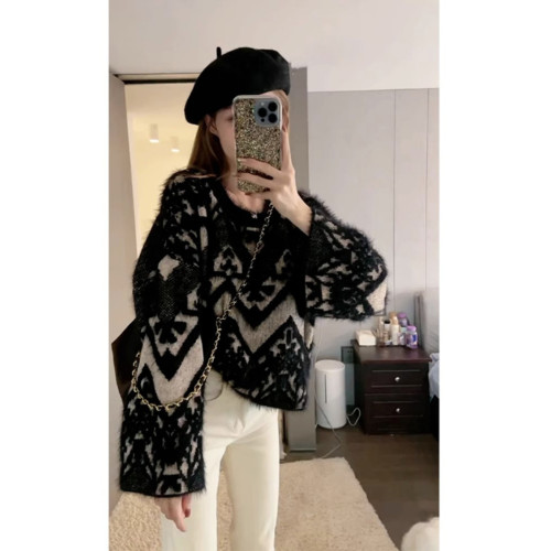 時尚高級感2025年新款秋季女裝法式設計寬鬆型水貂絨復古套頭上衣