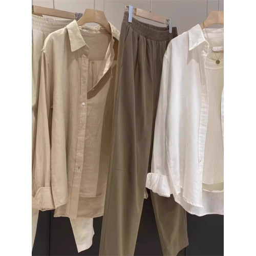 廣州十三行爆款~亞麻純色長袖襯衫女春秋季休閒襯衣chic港風上衣