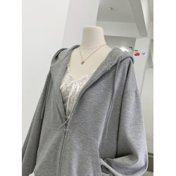 LINAN自製 2024秋季灰色衛衣拉鍊連帽衛衣開衫女寬鬆慵懶休閒外套