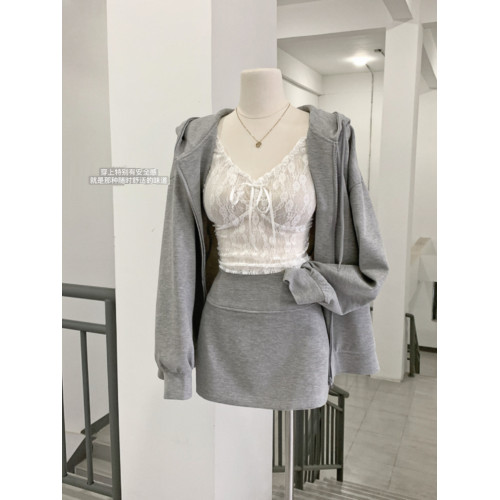 LINAN自製 2024秋季灰色衛衣拉鍊連帽衛衣開衫女寬鬆慵懶休閒外套