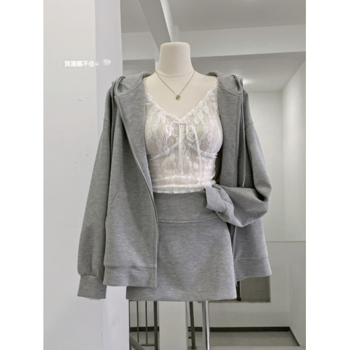 LINAN自製 2024秋季灰色衛衣拉鍊連帽衛衣開衫女寬鬆慵懶休閒外套