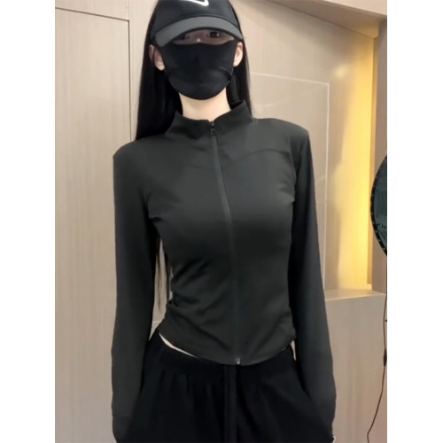 冰絲灰色收腰防曬衣女夏季2025新款薄款修身立領透氣運動瑜珈外套