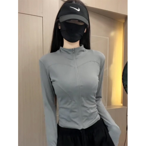 冰絲灰色收腰防曬衣女夏季2025新款薄款修身立領透氣運動瑜珈外套