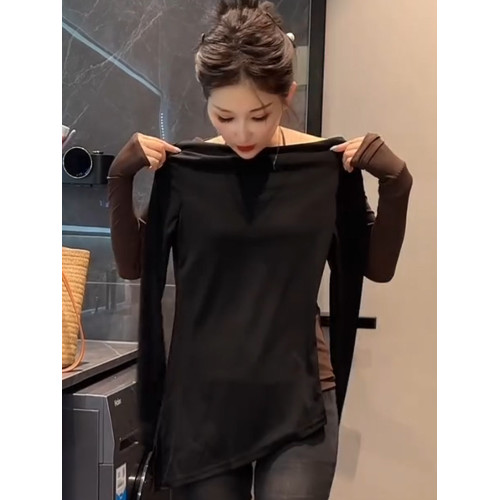 甜辣風斜領不規則露肩設計小衆長袖T恤女早秋新款修身顯瘦上衣潮