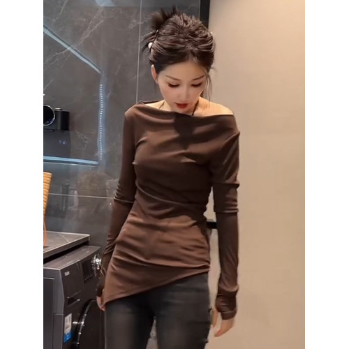 甜辣風斜領不規則露肩設計小衆長袖T恤女早秋新款修身顯瘦上衣潮