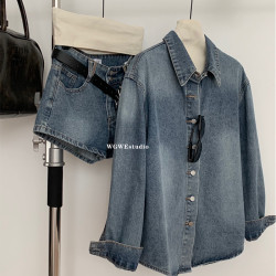 認真賣 巴黎腔調 藍色復古上衣水洗襯衫女夏秋季牛仔短褲兩件套裝