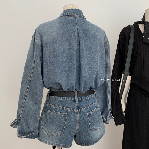 認真賣 巴黎腔調 藍色復古上衣水洗襯衫女夏秋季牛仔短褲兩件套裝