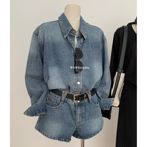 認真賣 巴黎腔調 藍色復古上衣水洗襯衫女夏秋季牛仔短褲兩件套裝