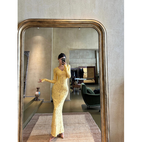 歐美辣妹風蕾絲花邊長袖V領連衣裙女秋季性感鏤空包臀長裙