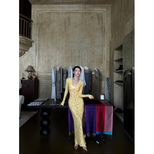 歐美辣妹風蕾絲花邊長袖V領連衣裙女秋季性感鏤空包臀長裙