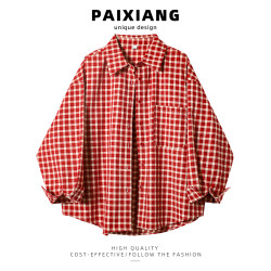 PAIXIANG/港風復古格子長袖襯衫女秋冬新款打底衫設計感寬鬆襯衣