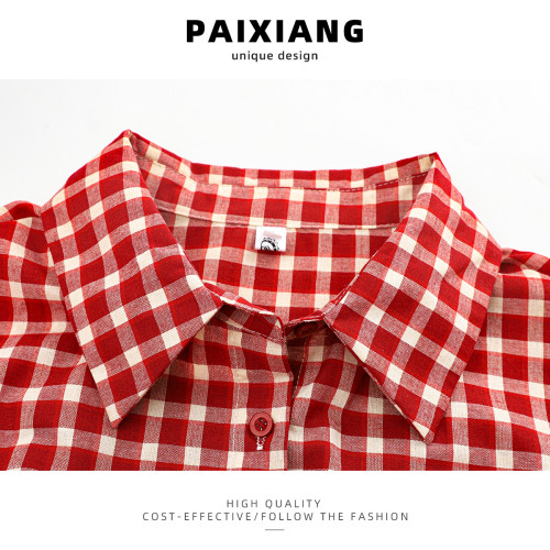 PAIXIANG/港風復古格子長袖襯衫女秋冬新款打底衫設計感寬鬆襯衣