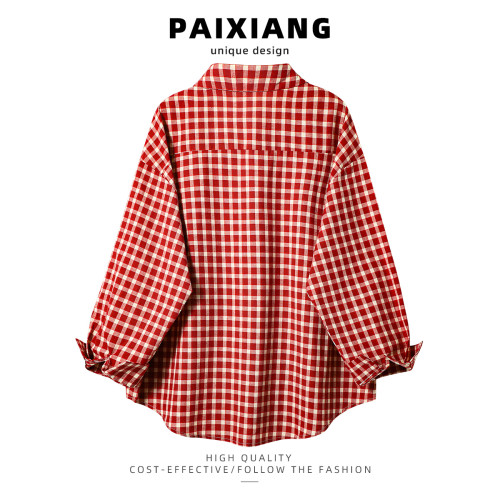 PAIXIANG/港風復古格子長袖襯衫女秋冬新款打底衫設計感寬鬆襯衣