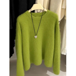 廣州十三行高貨綠色圓領浣熊絨套頭毛衣女秋冬軟糯寬鬆針織衫上衣