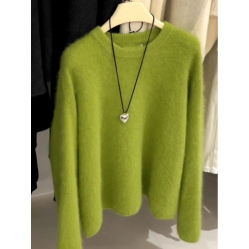 廣州十三行高貨綠色圓領浣熊絨套頭毛衣女秋冬軟糯寬鬆針織衫上衣