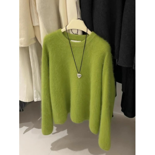 廣州十三行高貨綠色圓領浣熊絨套頭毛衣女秋冬軟糯寬鬆針織衫上衣