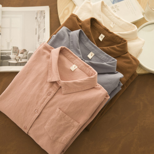 綿綿雪落 秋冬磨毛棉尖領曡穿襯衫女內搭純色寬鬆休閒襯衣通勤