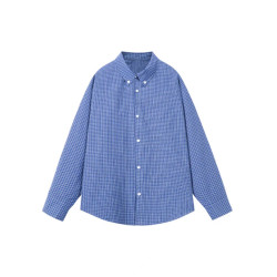 少年感藍色格子襯衫曡穿內搭日系復古上衣長袖打底襯衣外套男女款
