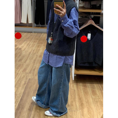 少年感藍色格子襯衫曡穿內搭日系復古上衣長袖打底襯衣外套男女款