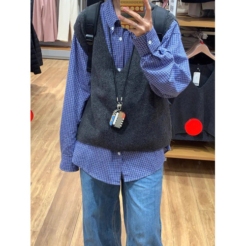 少年感藍色格子襯衫曡穿內搭日系復古上衣長袖打底襯衣外套男女款