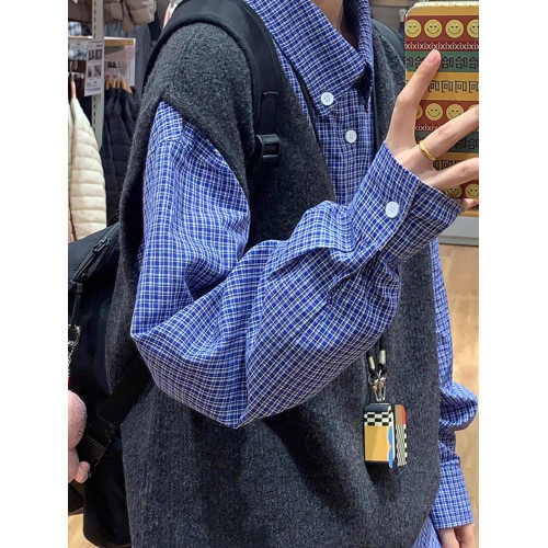少年感藍色格子襯衫曡穿內搭日系復古上衣長袖打底襯衣外套男女款