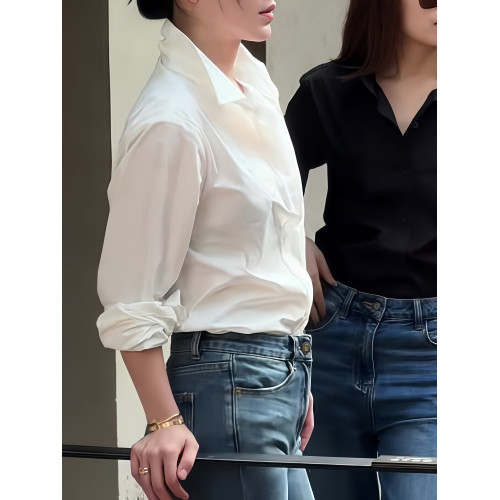 高級感小標刺綉Polo領長袖寬鬆襯衫2026春季新款氣質休閒風上衣女