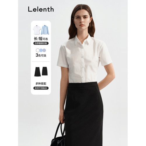 萊倫斯布白色方領短袖襯衫女職業面試正裝襯衣修身顯瘦工作服套裝