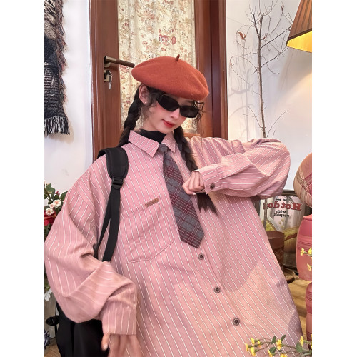 C2自製/春秋新款美式復古條紋長袖襯衫男女百搭寬鬆打底上衣領帶