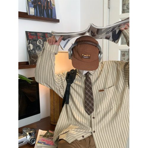 C2自製/春秋新款美式復古條紋長袖襯衫男女百搭寬鬆打底上衣領帶